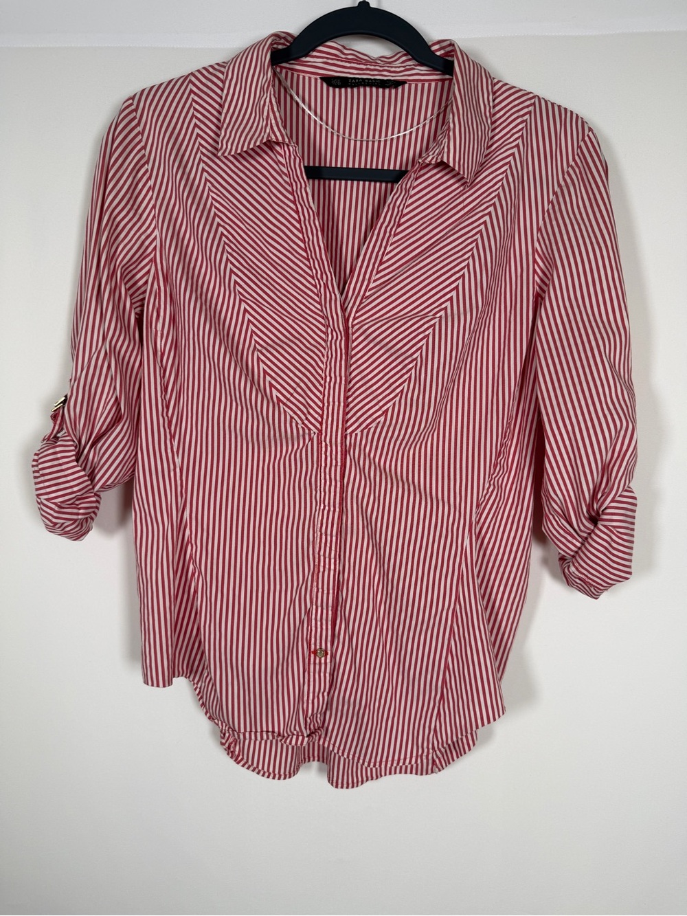 Zara Red & White Striped Button-Down Blouse Coastal, Nautical, Preppy, Old Money